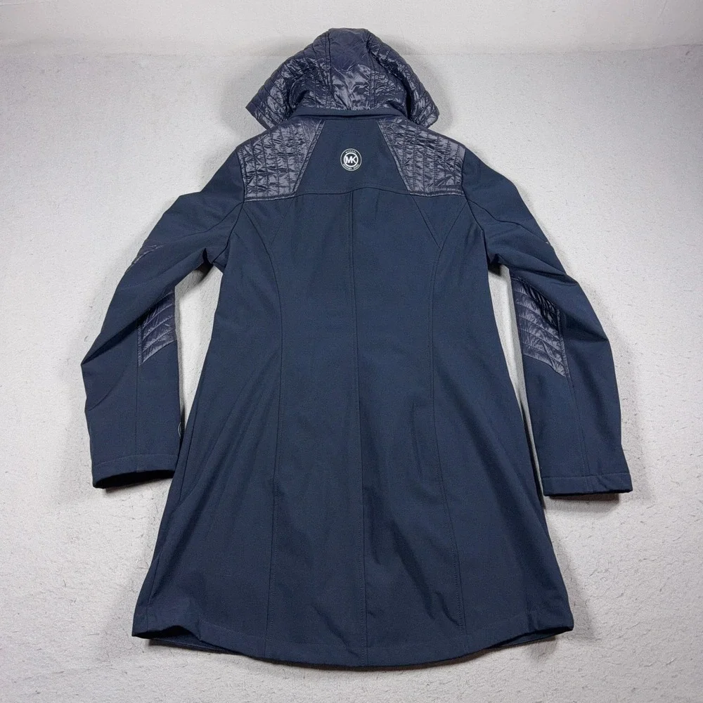 Michael‎ Kors Hooded Softshell Coat Women Medium Navy Quilted Trim Longline
